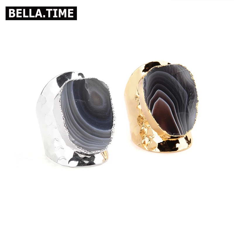 

BELLA.TIME Adjustable Natural Stone Gold-color Silver Rings For Women Bohemian Irregular Banded Agates Copper Rings Jewelry RI11