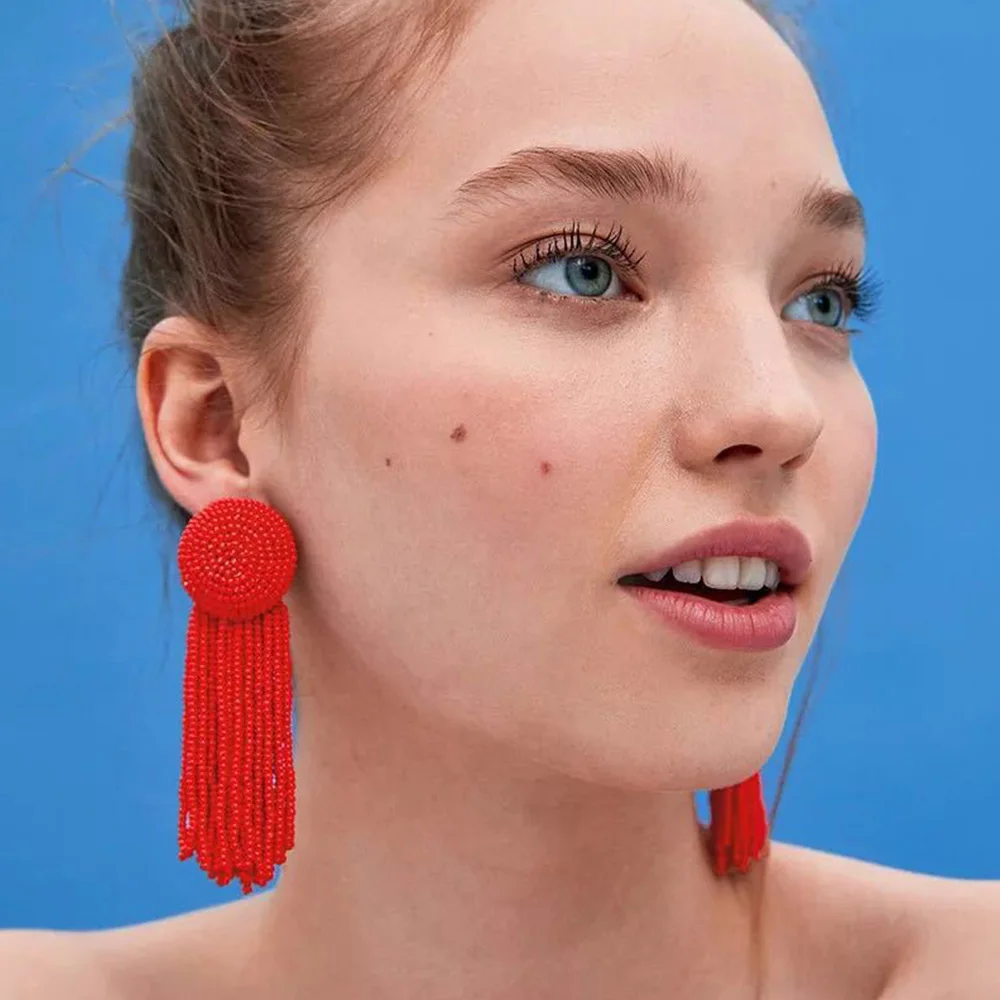 

JUST FEEL ZA 7 Colors Beads Long Drop Earrings For Women New Tassel Big Round Handmade Statement Dangle Earring Elegant Jewelry