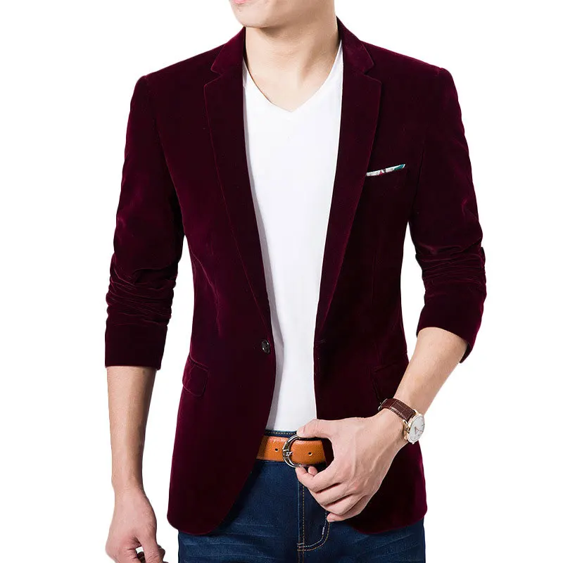 Высокое качество королевский синий бархатный пиджак Для мужчин новинка года, Осенний корейский модный Для мужчин s приталенный, с одной пуговицей костюм с пиджаком свадебный пиджак - Цвет: Wine Red