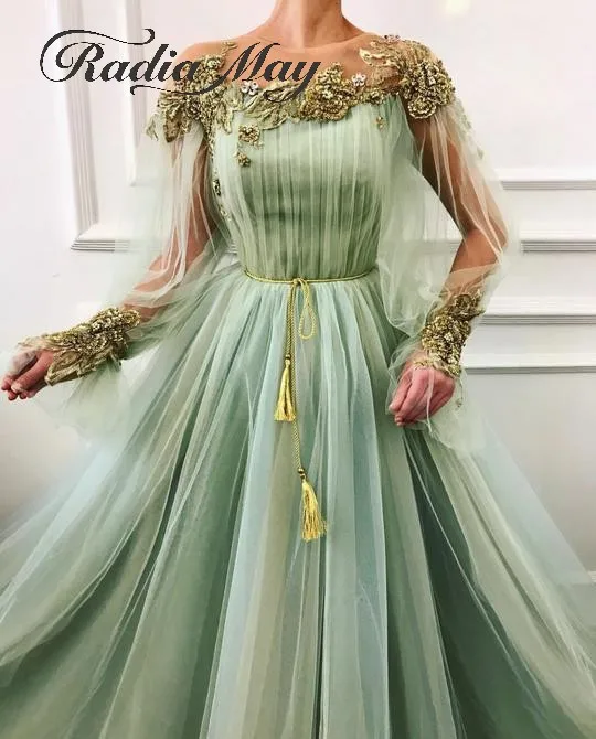 

Mint Green Tulle Long Sleeves Floral Prom Dresses with Gold Embroideried Beaded Women Special Occasion Dress Evening Party Gowns