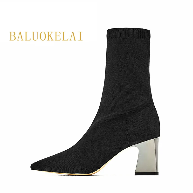 

2018 New Women Sock Boots Pointed Toe Elastic High Boots Slip On 6CM High Heel Ankle Boots Women Botas K-128