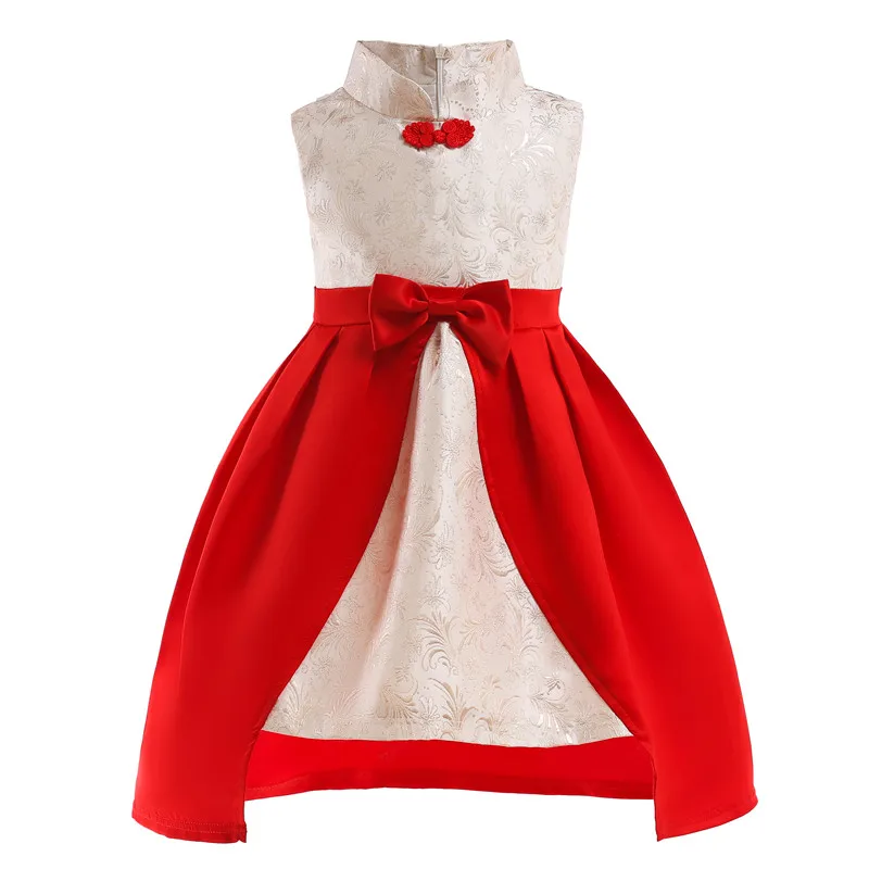

Summer Chinese style girl cheongsam splicing dress Sleeveless bow three-dimensional guzheng performance child dress