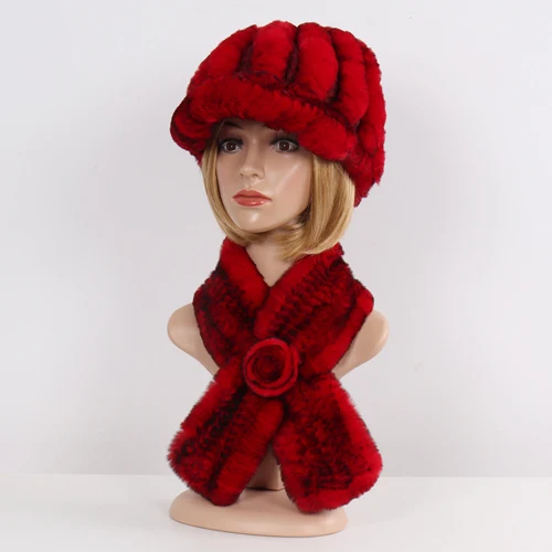 Уличная зимняя вязаная натуральный мех наборы шарф шапка женский теплый Настоящий мех кролика шапки муфты 2 шт натуральный мех шапка шарф - Цвет: red