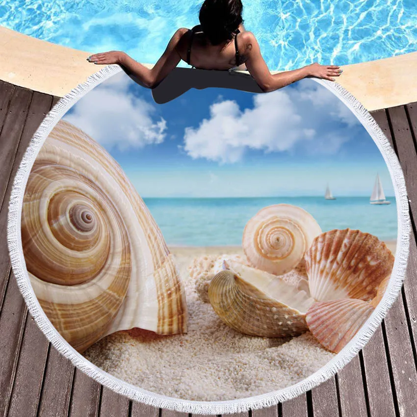 

Conch Seascape Shell Tree Round Summer Beach Bath Spa Towel Printed Microfiber With Tassels Tropical Style Blanket Yoga Mat