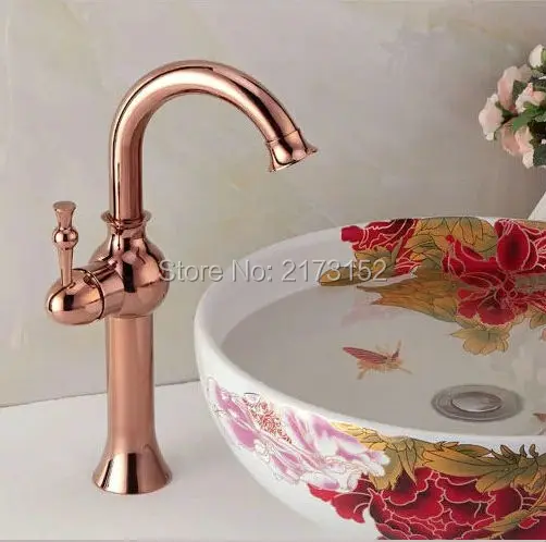 

Free Shipping Gold Plated Tall Rotatable Single Handle Bathroom Faucet Rose Gold Swivel Curved Basin Sink Mixer Tap RG-010