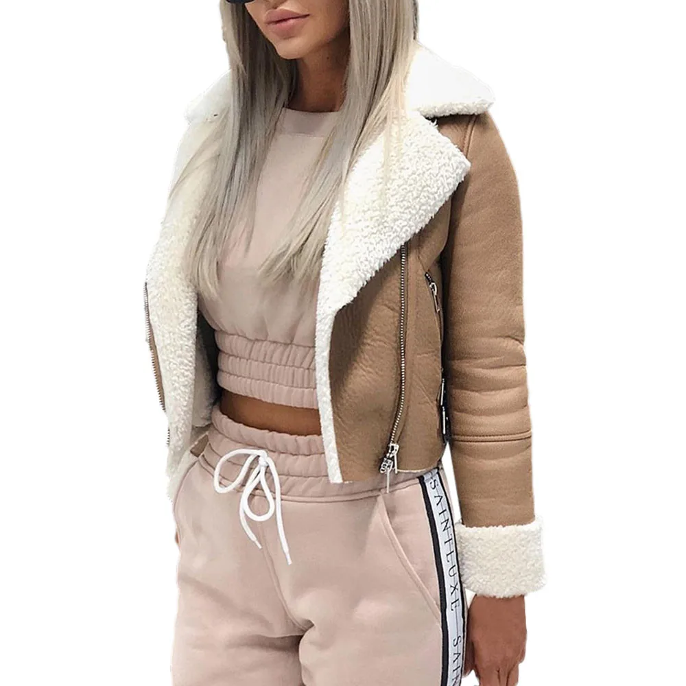 

Women Jackets Wool Motorcycle Lapel Suede Leather Buckle Cool Pilot Jacket Faux Lamb Nainen takki #F3