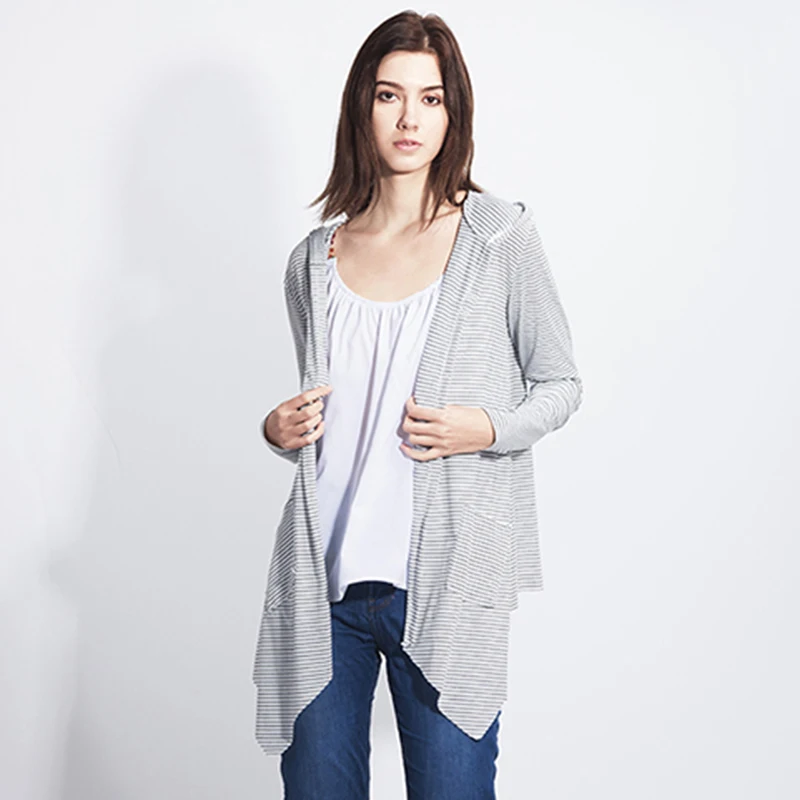 Bigsweety Womens Casual Hooded All-match Cardigans Long Sleeved Asymmetric Cardigan New European Striped Overcoat Women Outwear |
