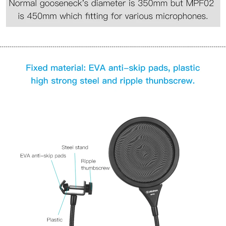 Alctron MPF02 двухслойный металлический поп-фильтр двойной нержавеющий сетчатый фильтр для фильтра слюнявчик для студийного/сценического микрофона