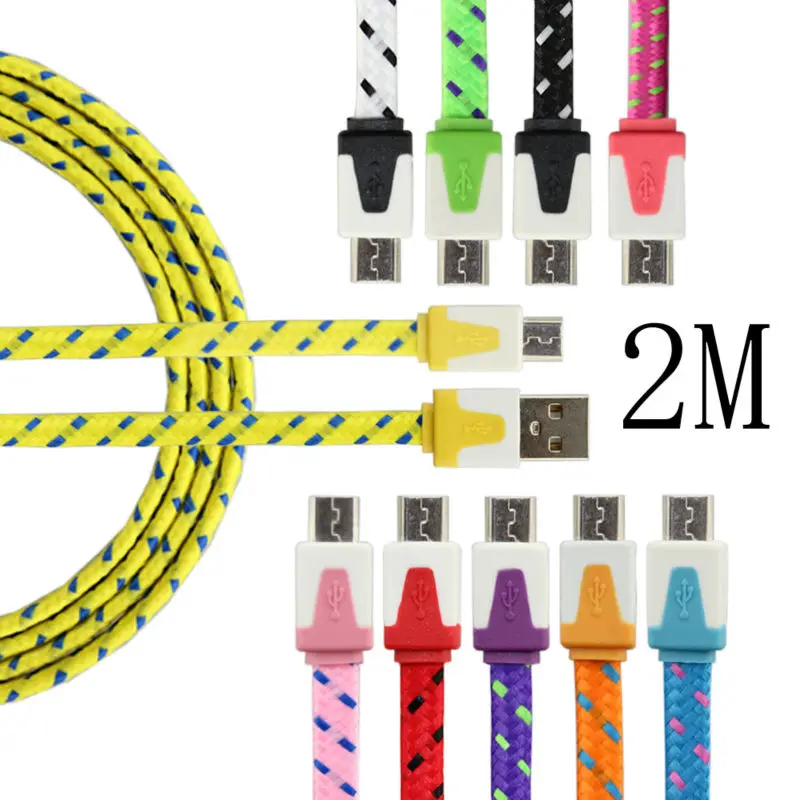 

100pcs 1M 2M 3M Flat Noodle Fabric Nylon Braided Micro cable Accessory Bundles for Samsung S3 S4 S5 for Blackberry HTC CAMDEMS
