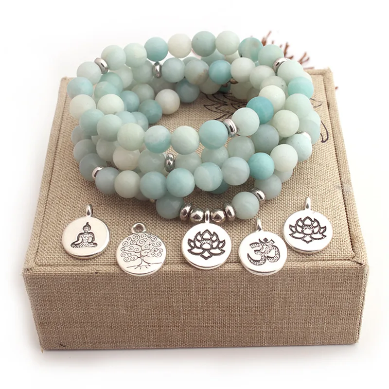 

Women Strand Bracelets Matte Frosted Amazonite Beads Lotus OM Buddha Charm Yoga Bracelet 108 Mala Necklace Men Dropshipping
