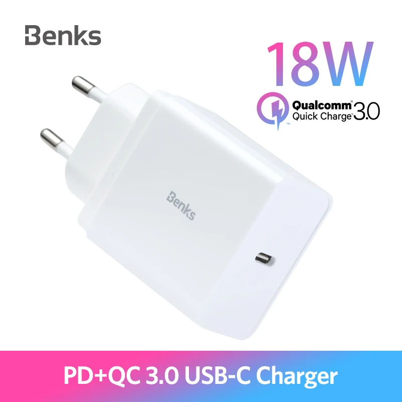 

Benks 18W USB-C PD3.0 Fast Charger Quick Charge 3.0 Type C Wall Power Adapter for iPhone Huawei Samsung QC 3.0 Phone Charger