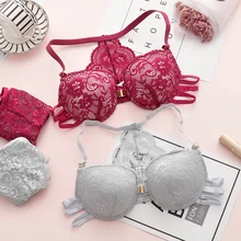 Сексуальный кружевной комплект нижнего белья для молодых девушек с вырезом спереди, женские бюстгальтеры с хлопковой подкладкой и трусики, комплект с бюстгальтером с глубоким v-образным вырезом