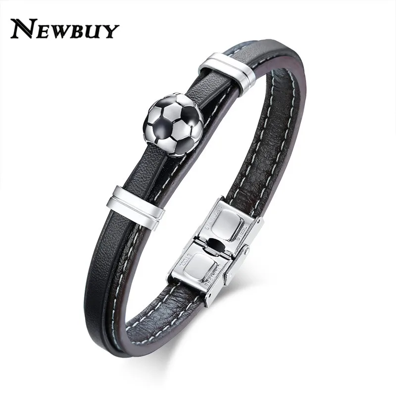 

NEWBUY Genuine Leather Bracelets For Men High Quality Stainless Steel Football Charm Bracelets Male Party Jewelry Dropship
