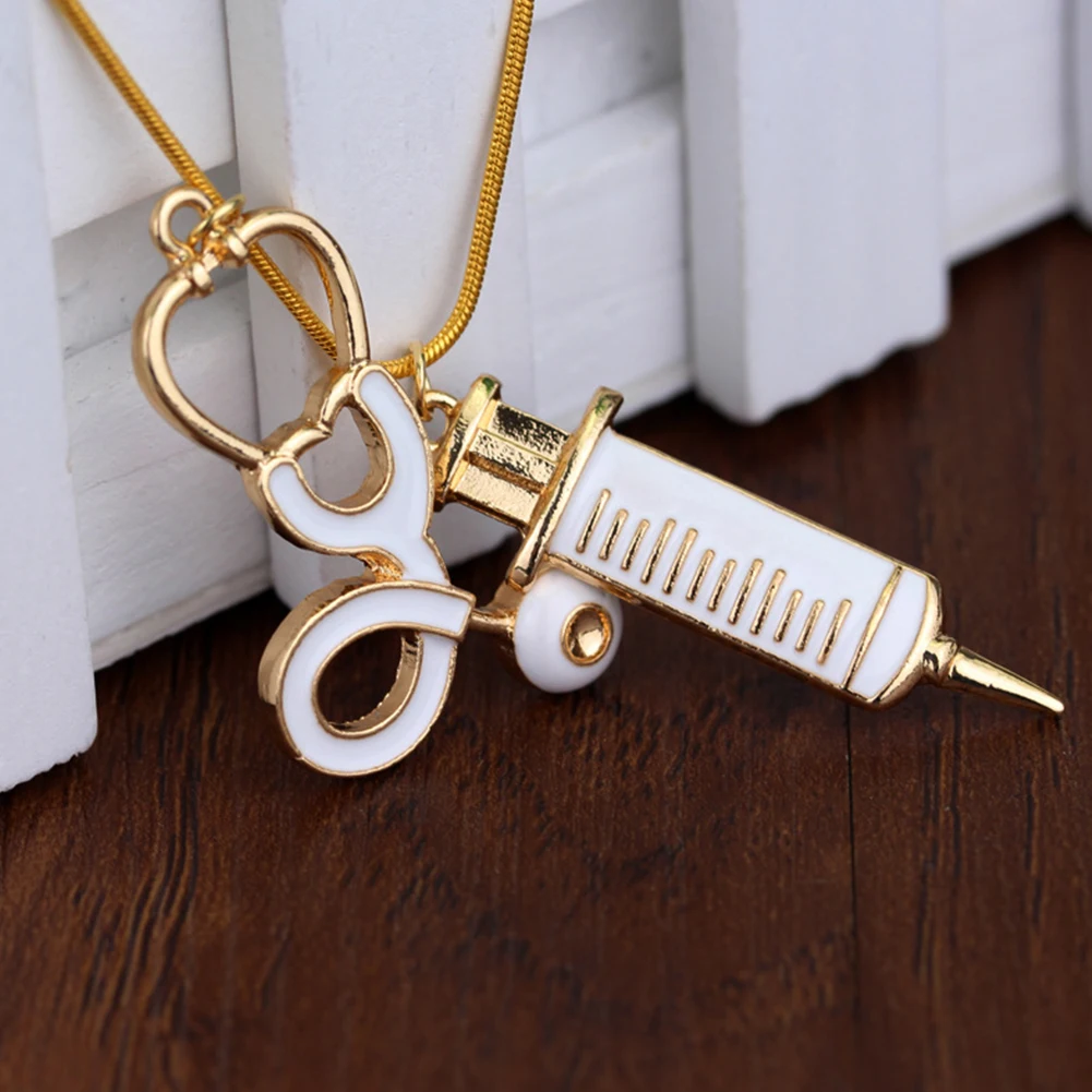 

1pc New Fashion Golden White Women Pendant Necklace Medical Stethoscope Syringe Charm Novelty
