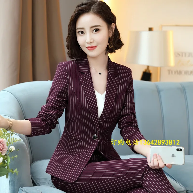 

Hot suit suit female autumn 2019 new Korean version of the ladies ol professional wear striped professional suit tooling