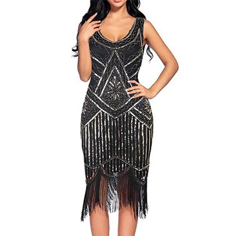

Women's Clothing Summer New Fashion Dresses Vintage Sequin Beaded Tassels Party Night Club Flapper Gown Vestido Dress z0405