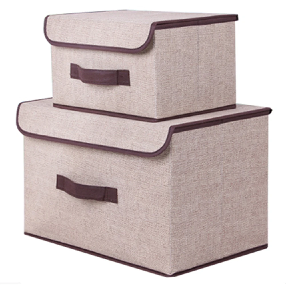 

2 Pcs Foldable Clothes Storage Box Durable Non-Woven Home Organizer Basket With Lids Beige Assorted Sizes Colorful