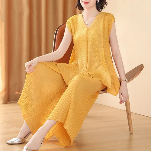 Azterumi, летние свободные женские комплекты, модные Плиссированные Длинные футболки и однотонные широкие брюки, женский костюм, высокое качество, комплект из 2 предметов - Цвет: Цвет: желтый