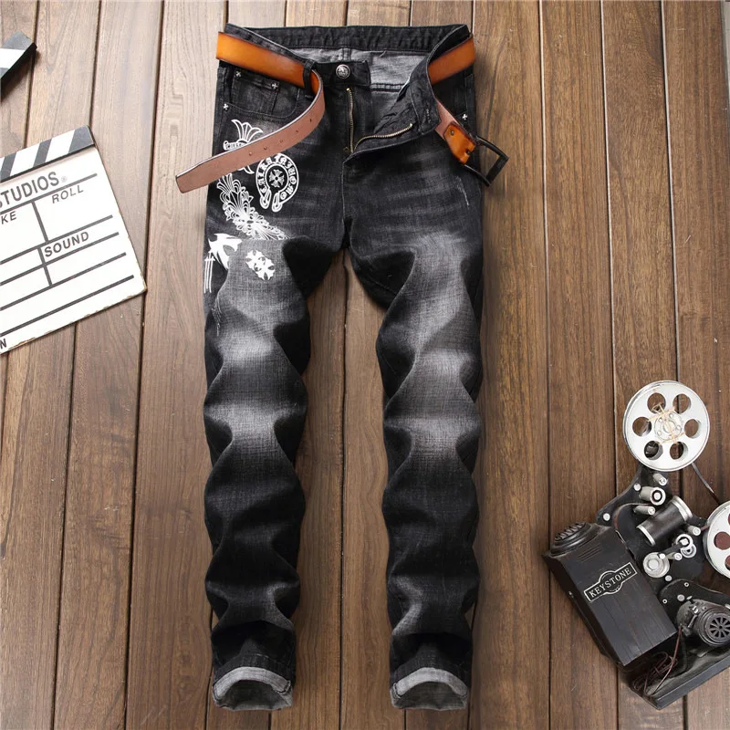 

Jeans Men 2018 Designer Korean Street Style Biker Ripped Patchwork Skinny Black Skull Men's Casual Zipper Hip Hop Jean Overall