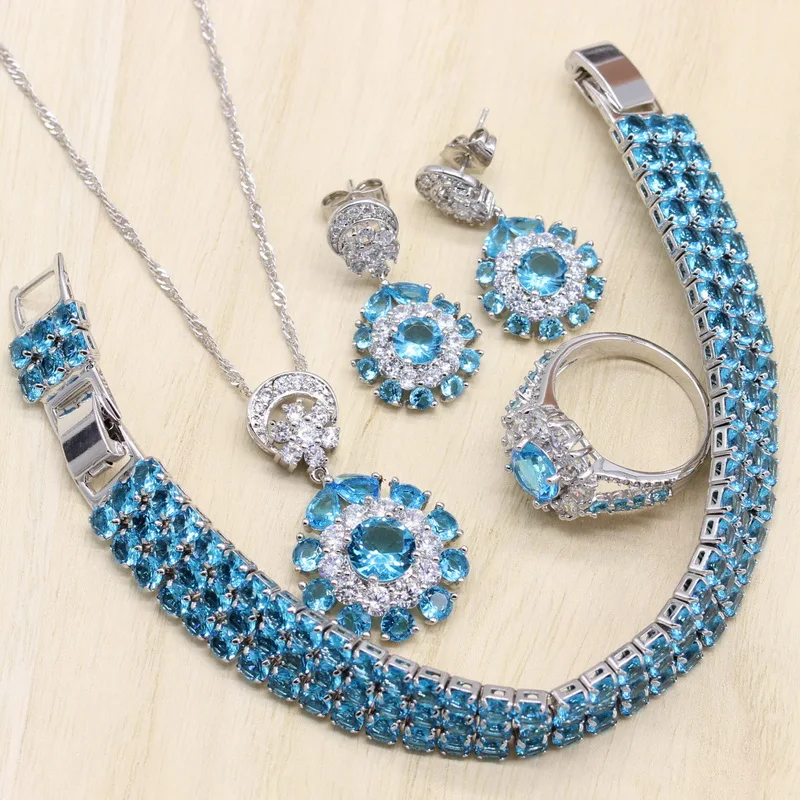 

Light Blue Zircon 925 Silver Jewelry Sets Women Pendant&Necklace Ring Earrings With Natural Stones Bracelets Jewelery