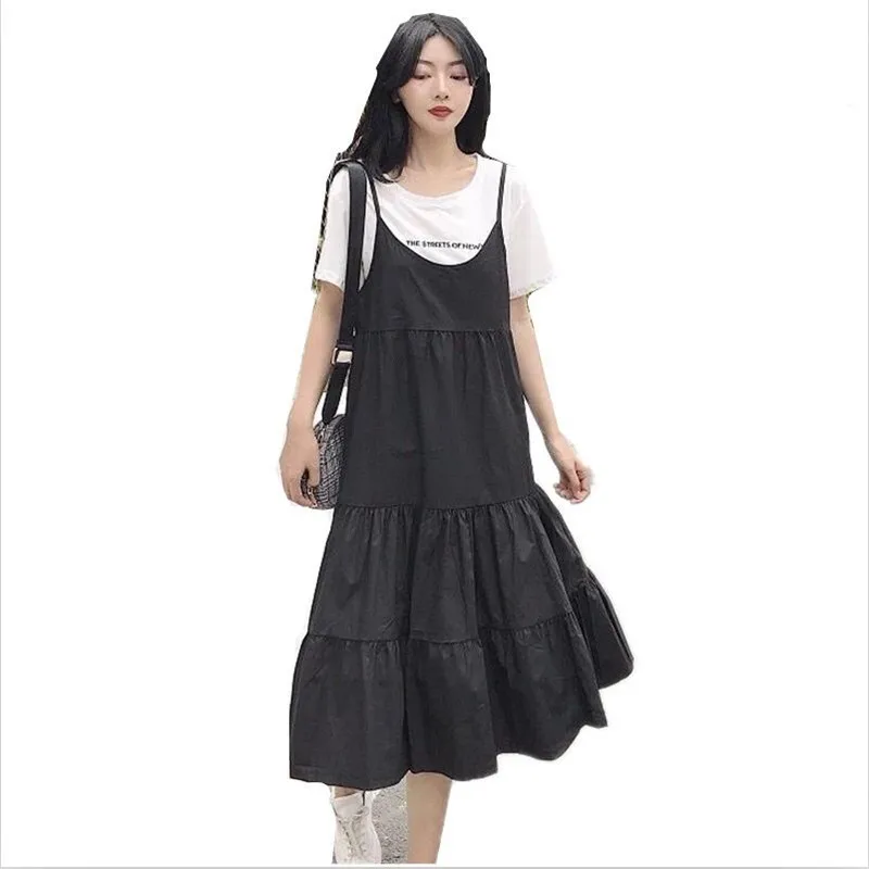 Thin Cotton And Linen Loose Slim Women Spaghetti Strap Dress Korean Style Fashion Solid Ruffles