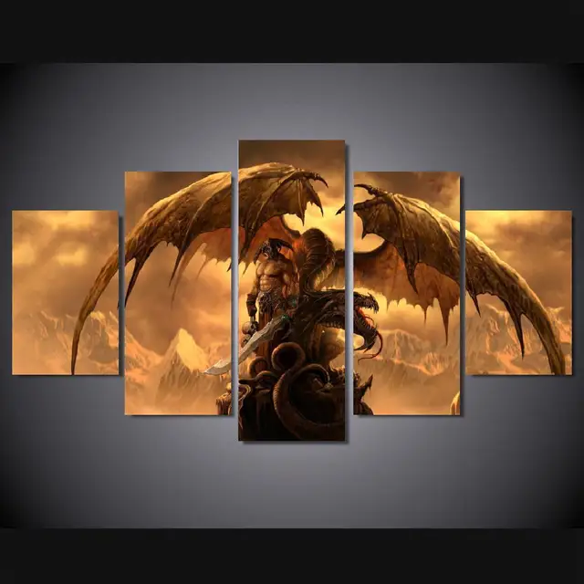 5 Panels Wall Art Dragon Fantasy Sword Warrior Art Wall Decor Paintings