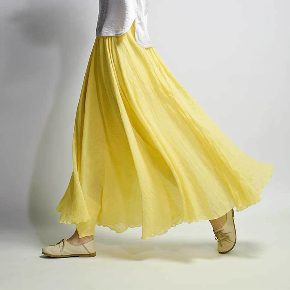 Женская Повседневная юбка макси с высокой талией, Boho, хлопок, лен, пляжные длинные юбки, Женская Двухслойная юбка-пачка с большим подолом, плиссированная юбка, фатиновая юбка-пачка - Цвет: Цвет: желтый