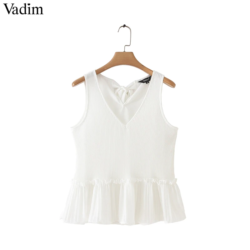 Vadim женская черная белая блузка с v-образным вырезом, шифоновая плиссированная Женская Повседневная рубашка без рукавов, милая сплошная шикарная летняя блузка WA197
