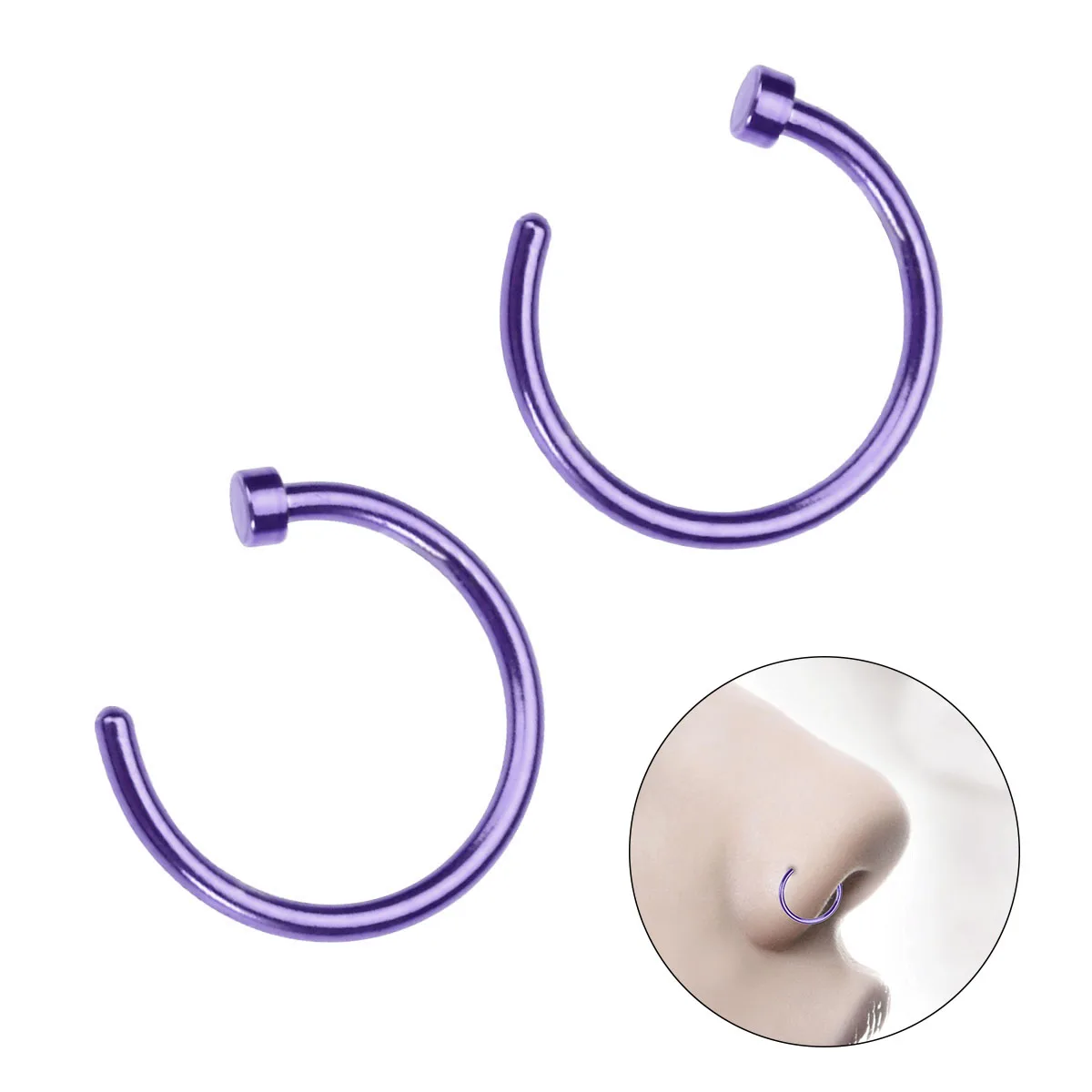 2 Pcs Unisex Surgical Titanium Steel Open Nose Ring Hoop Nose Piercing Stud 10mm (purple