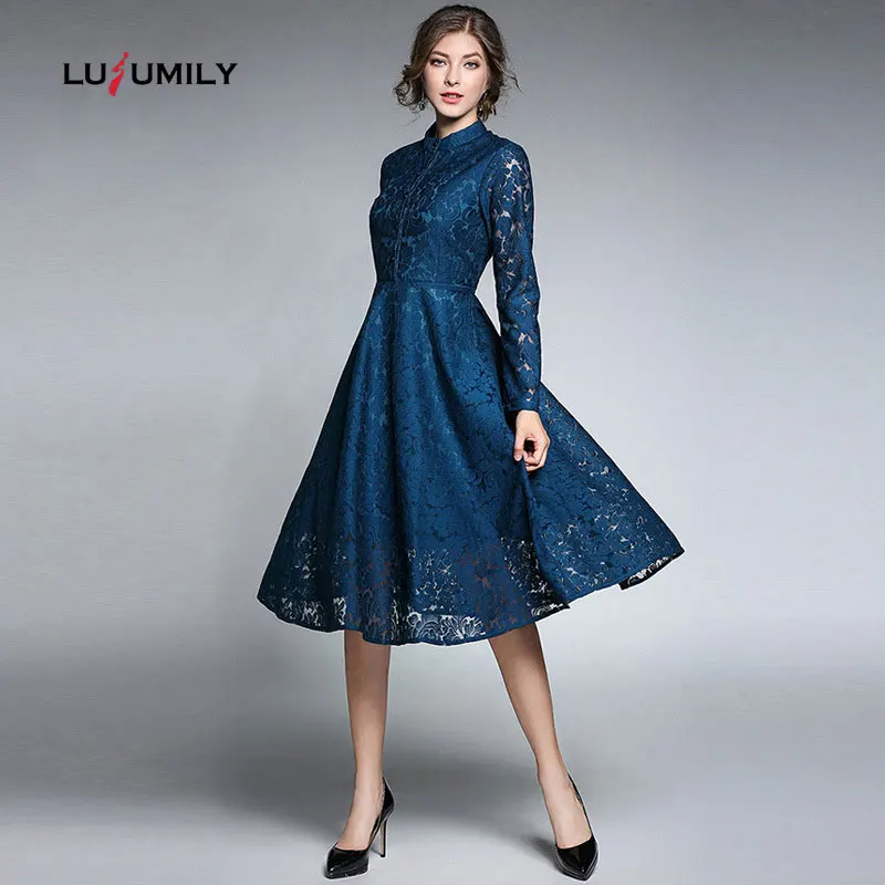 

Lusumily New Spring Bodycon Lace Dresses Fashion Women Party Dress Slim Elegant Turn-down Collar Hollow Out Evening Women Dress