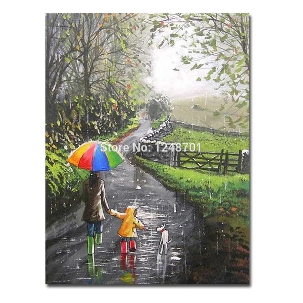 

Handmade Abstract Rainy Umbrella Scenery Oil Painting On Canvas Mother Son with Dog Wall Picture For Living Room Wall Art Decor