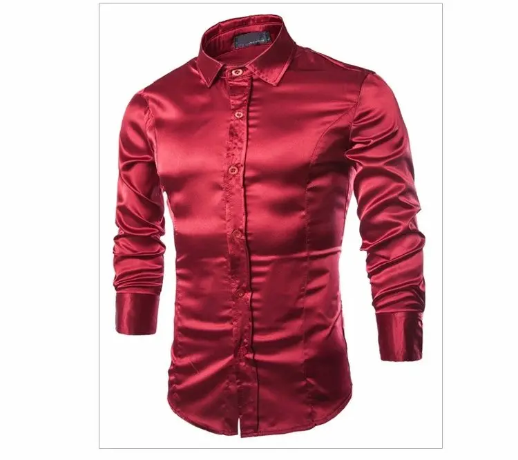 MIXCUBIC осенние уникальные шелковые глянцевые рубашки с длинными рукавами, мужские повседневные облегающие рубашки цвета красного вина для мужчин, размер M-2XL
