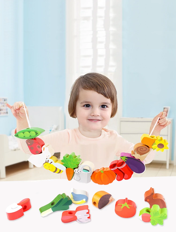Деревянные игрушки Монтессори, фрукты, животные, блоки, нанизанная резьба, бусина, игра, детские Ранние развивающие игрушки для детей, подарок на день рождения