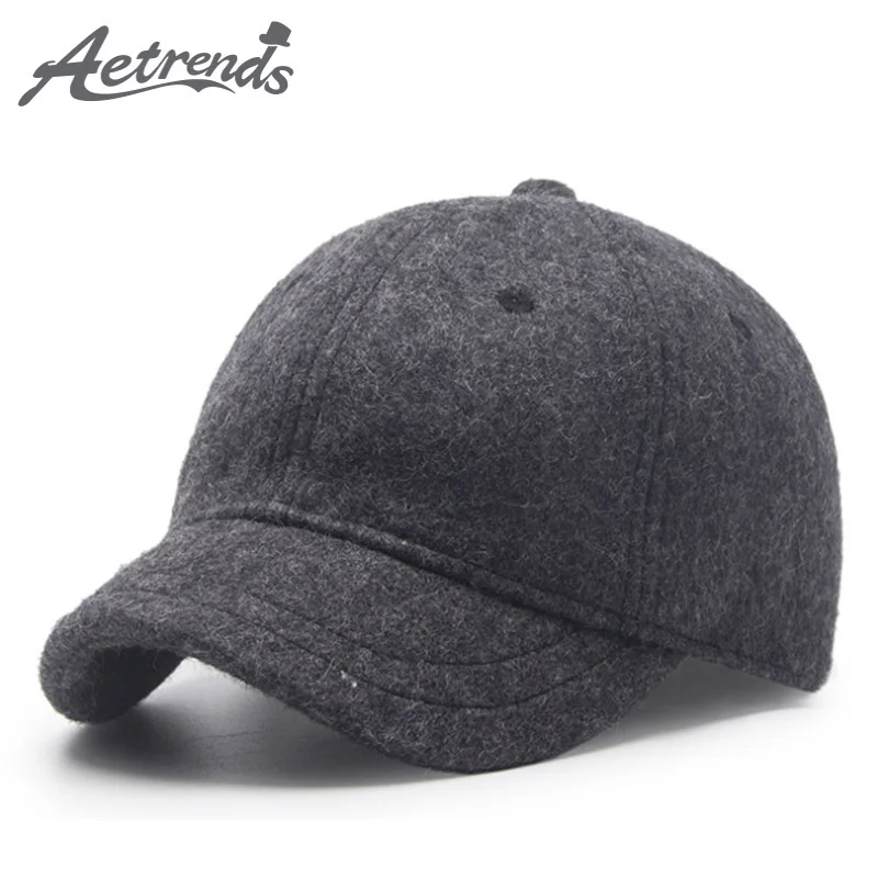 [AETRENDS]Winter Baseball Caps for Men Short Visor Black Wool Cap Men