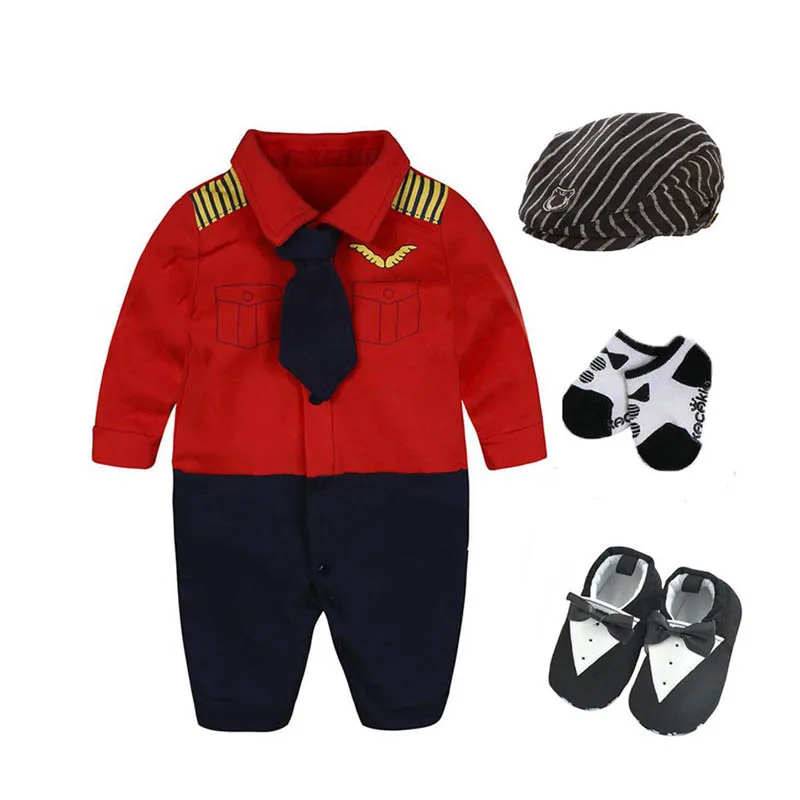 Newborn baby boy party birthday gift bodysuit+hat+socks+shoes costume pilot 