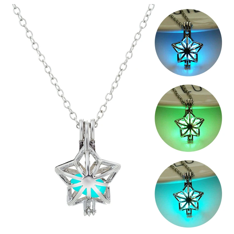 

3 Colour Luminous Women Necklace Hollow Five-pointed star Pendant Necklace Hot Sale Glow in the Dark Sliver Metal Jewellery