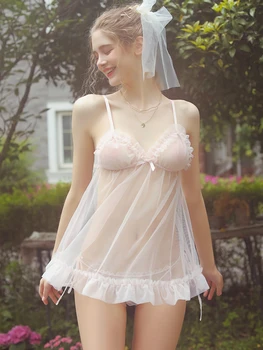 

Sexy Girl Powder Pajamas Mesh Perspective Strap Nightdress Sexy Temptation Underwear Nightdress Suit Women Pijamas Dress