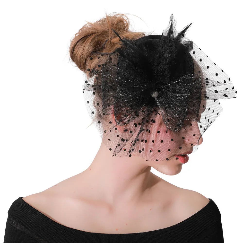 

Black Dot Sinamay Fascinator For Weddding Ladies Hats Church Linen Fedora Women Elegant Hat Vintage with Bow M168