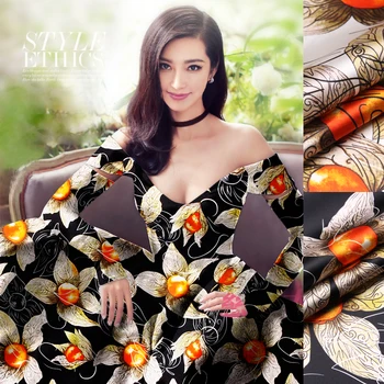 

118cm wide 19mm 93% silk & 7% spandex floral fruits stretch silk satin fabric for dress shirt clothes cheongsam 2 colors D691