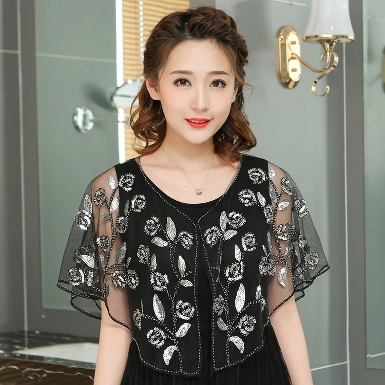 

Vintage Woman Coat Plus Size Ladies Short 1920s Embroidery Fringe Shawl Cover Up Sequin Cape Mesh Wraps For Dress