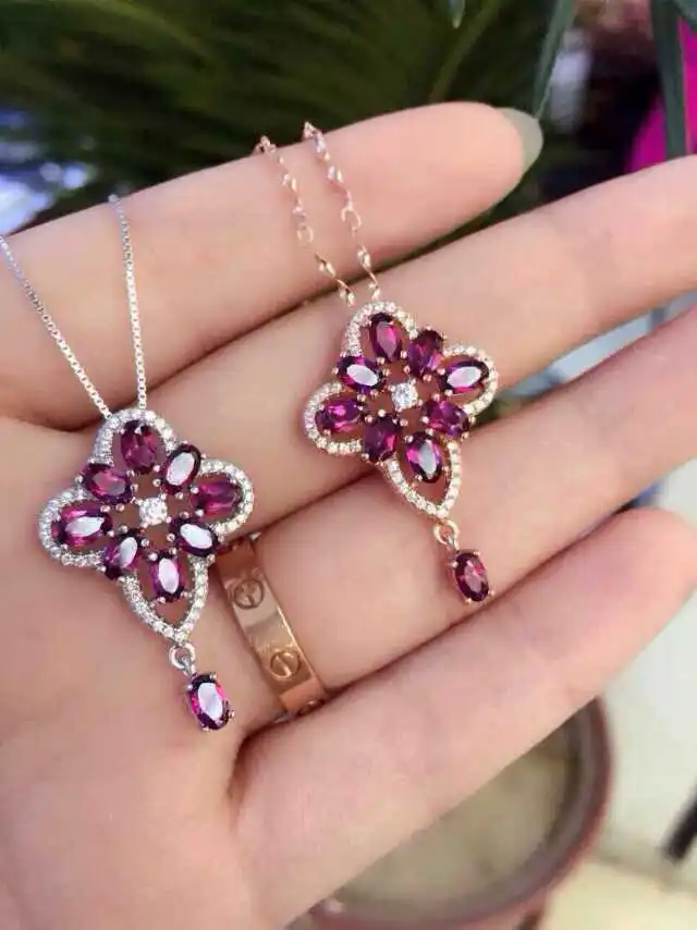 Natural red garnet pendant S925 silver Gemstone Pendant Necklace trendy elegant Fringed Clover women party fine jewelry | Украшения и