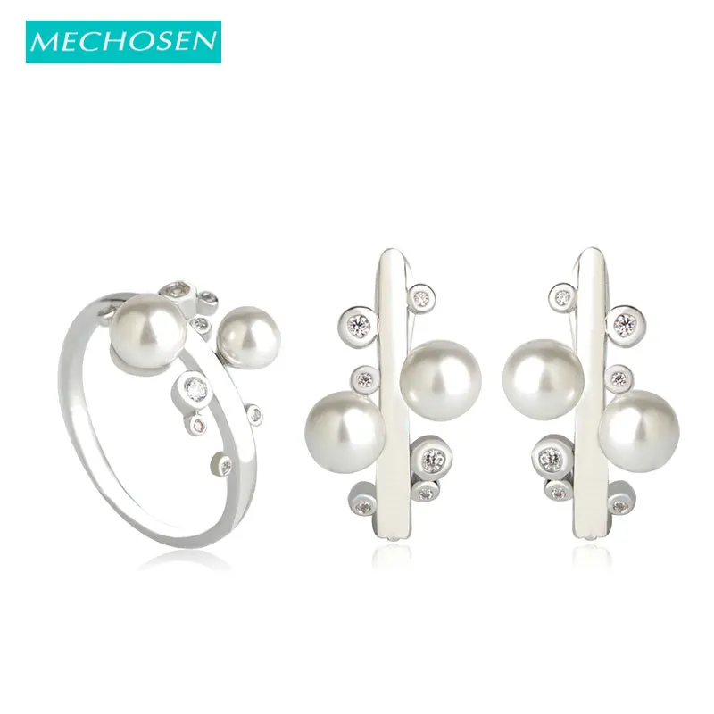 

MECHOSEN Simulated Pearl Stud Earrings Ring Set Cubic Zirconia Jewelry Sets Silver Color For Women Girl Wedding Routime brincos