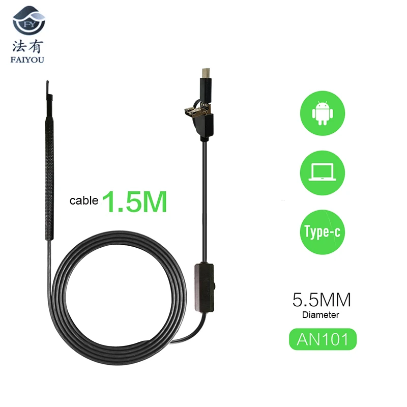 

Three-in-one Visual Ear Spoon Endoscope Camera Lens 5.5mm Diameter IP67 Waterproof 6pcs Adjustable LED Lights 1.5m Cable 70 Deg