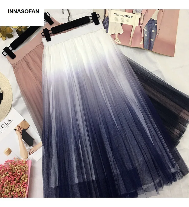 

INNASOFAN tulle skirt for women Spring-Summer gorgeous pleated Skirt high waist Euro-American fashion long skirt