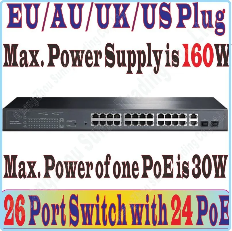 28 портов POE коммутатор с 160 Вт 24 порта POE управление, питание для камеры/AP, с 2* RJ-45 гигабитные порты и 2* SFP порты