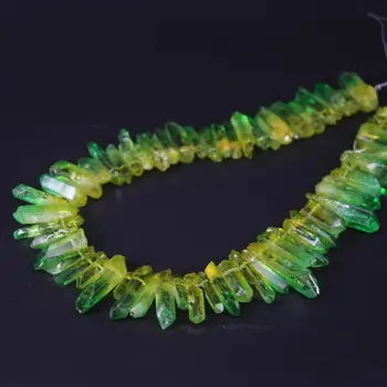 

15.5"/strand Yellow&Green Gradient Color Titanium Raw Crystal Quartz Top Drilled Point Beads,Cut Crystal Stick Pendants Jewelry