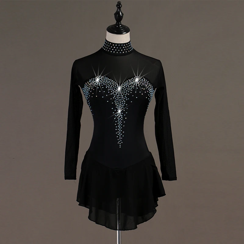Ice Skating Dress Women Girls Black Long Sleeve Biling Figure Skating