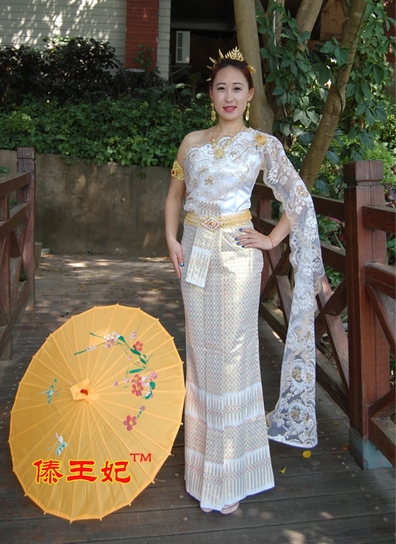 Традиционное элегантное свадебное платье в тайском стиле, Новое поступление, белое свадебное платье на плечо без рукавов, тонкая свадебная вуаль с тайской Лаос, одежда для невесты
