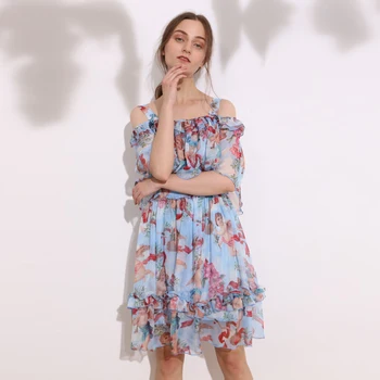 

2020 Summer New Arrival Casual Slash Neck Half Sleeve Spaghetti Strap Angel Flower Print A-Line Elegant Above Knee Dress Women
