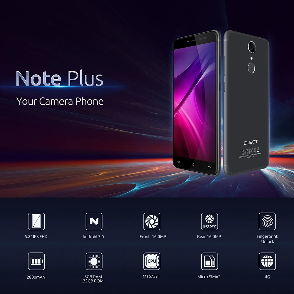 CUBOT Note Plus 4G смартфон 5," FHD 1920*1080 P 3GB RAM+32GB ROM MTK6737T MTK6737T 4 ядра 16+ 16 Мп камер Android 7,0 мобильный телефон